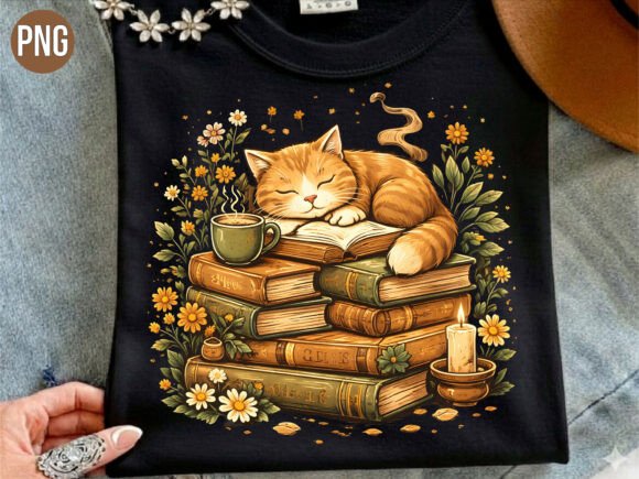 Sleeping Cat on Book Stack Coffee PNG